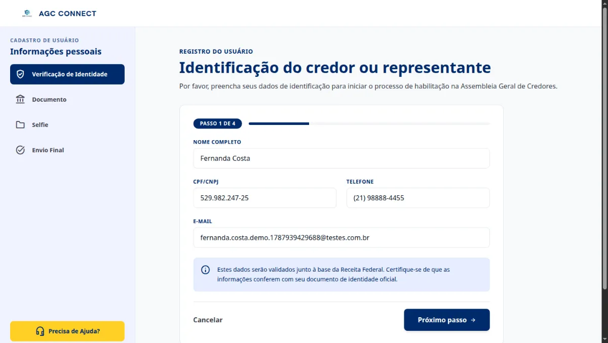 Etapa 1 de 4 do cadastro: formulário com nome completo, CPF/CNPJ, telefone e e-mail preenchidos