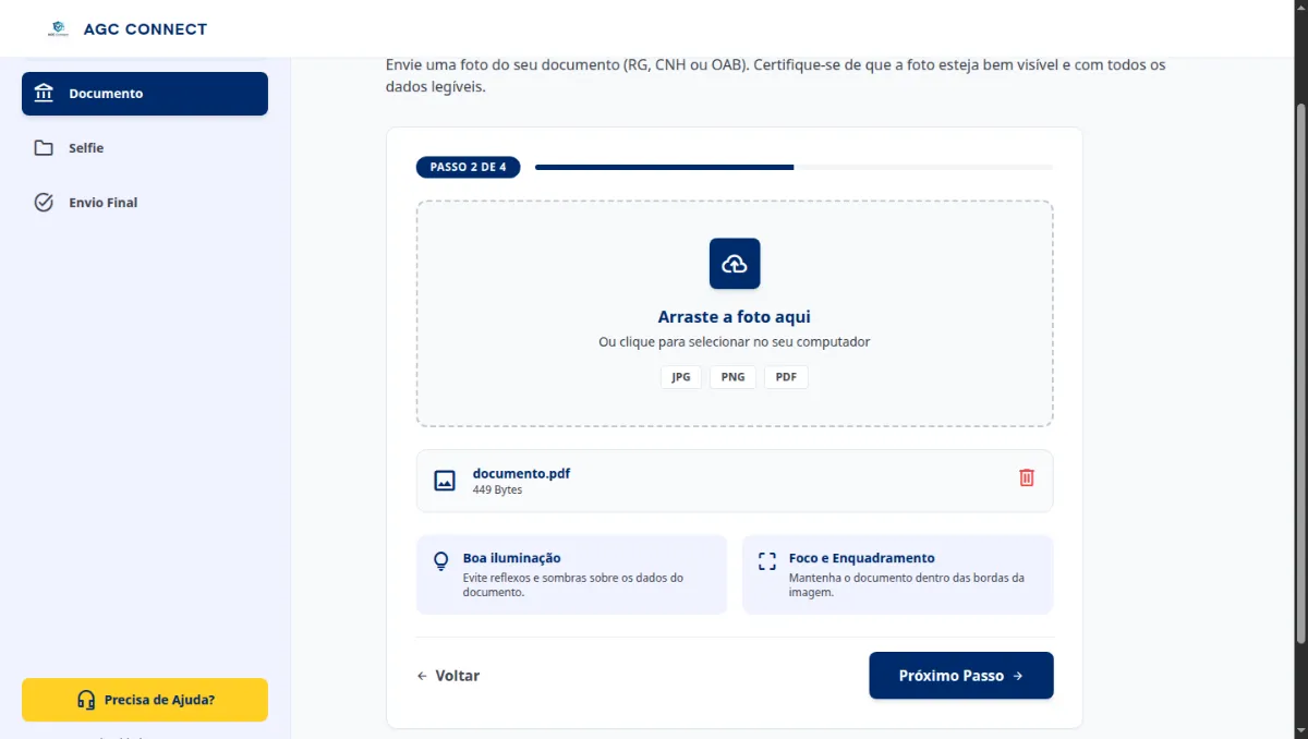 Etapa 2 de 4 do cadastro: documento anexado com pré-visualização do arquivo