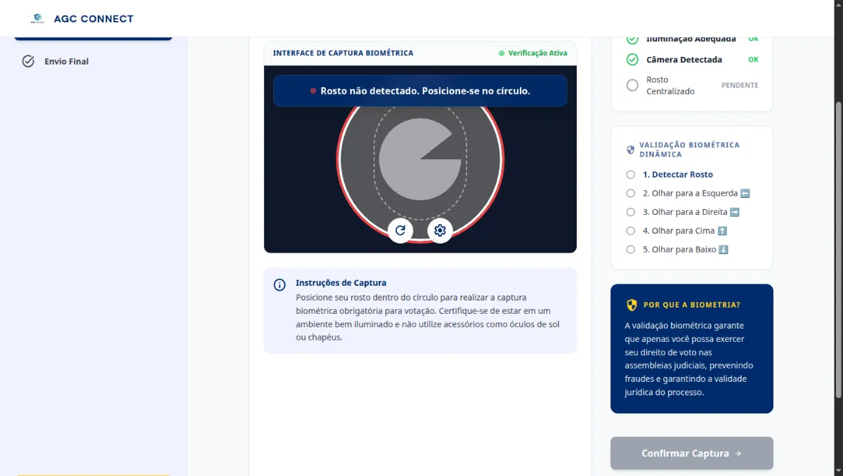 Etapa 3 de 4 do cadastro: interface de captura biométrica com guia circular para o rosto e checklist de validação dinâmica