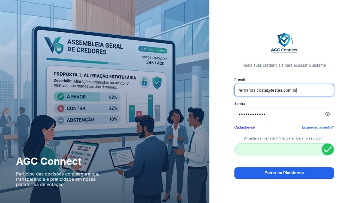 Tela de login com e-mail e senha preenchidos e o controle deslizante de segurança liberado, indicado por um ícone de confirmação verde