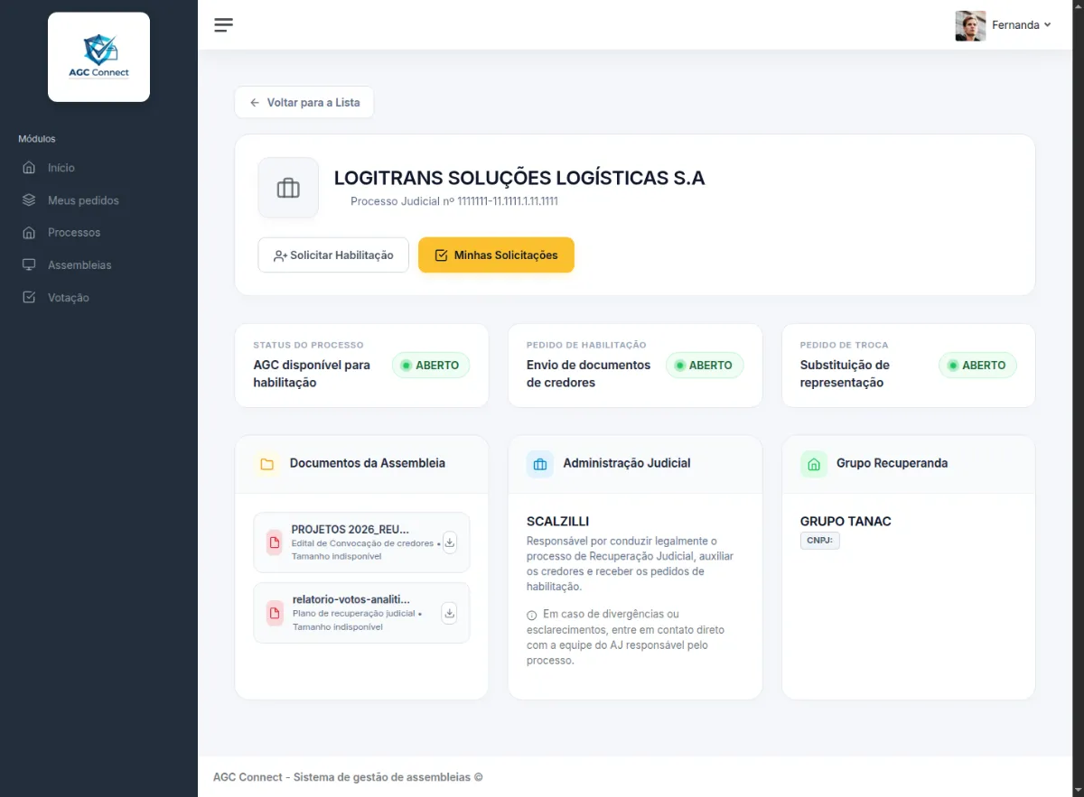 Página de detalhe do processo LogiTrans Soluções Logísticas, com status, documentos da assembleia e dados da administração judicial