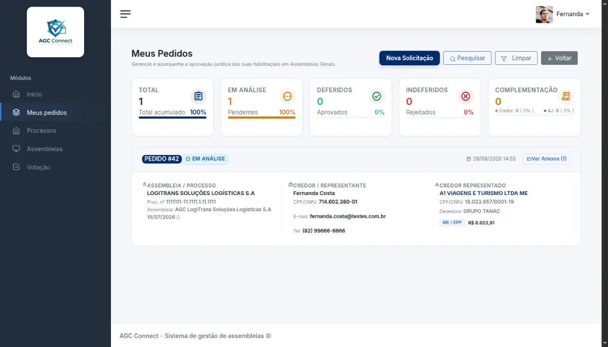 Tela Meus Pedidos com o Pedido #42 no status Em Análise