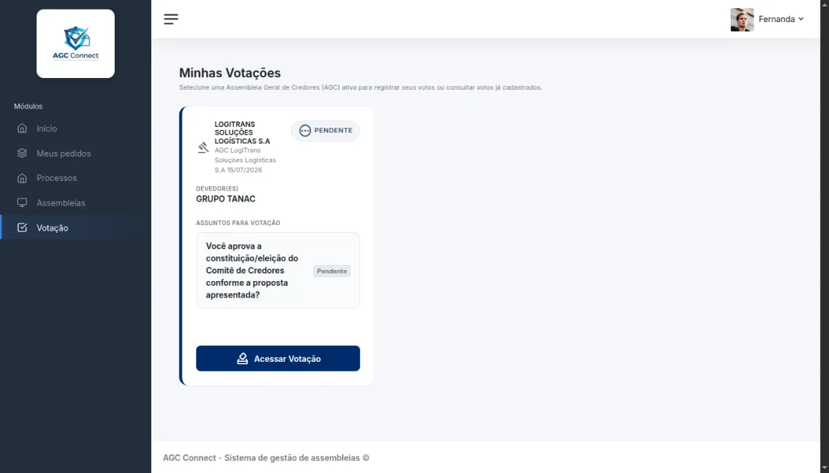 Tela Minhas Votações com a AGC LogiTrans e a pauta sobre eleição do Comitê de Credores, status Pendente