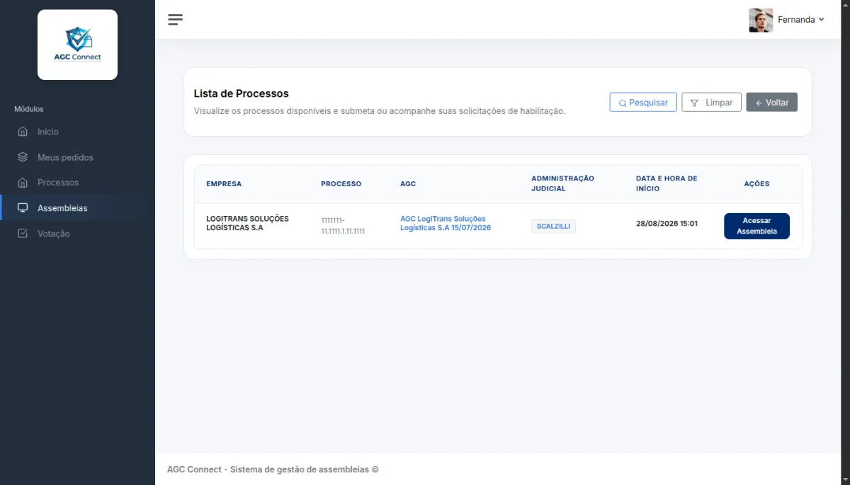 Lista de assembleias disponíveis para participação, com o botão Acessar Assembleia