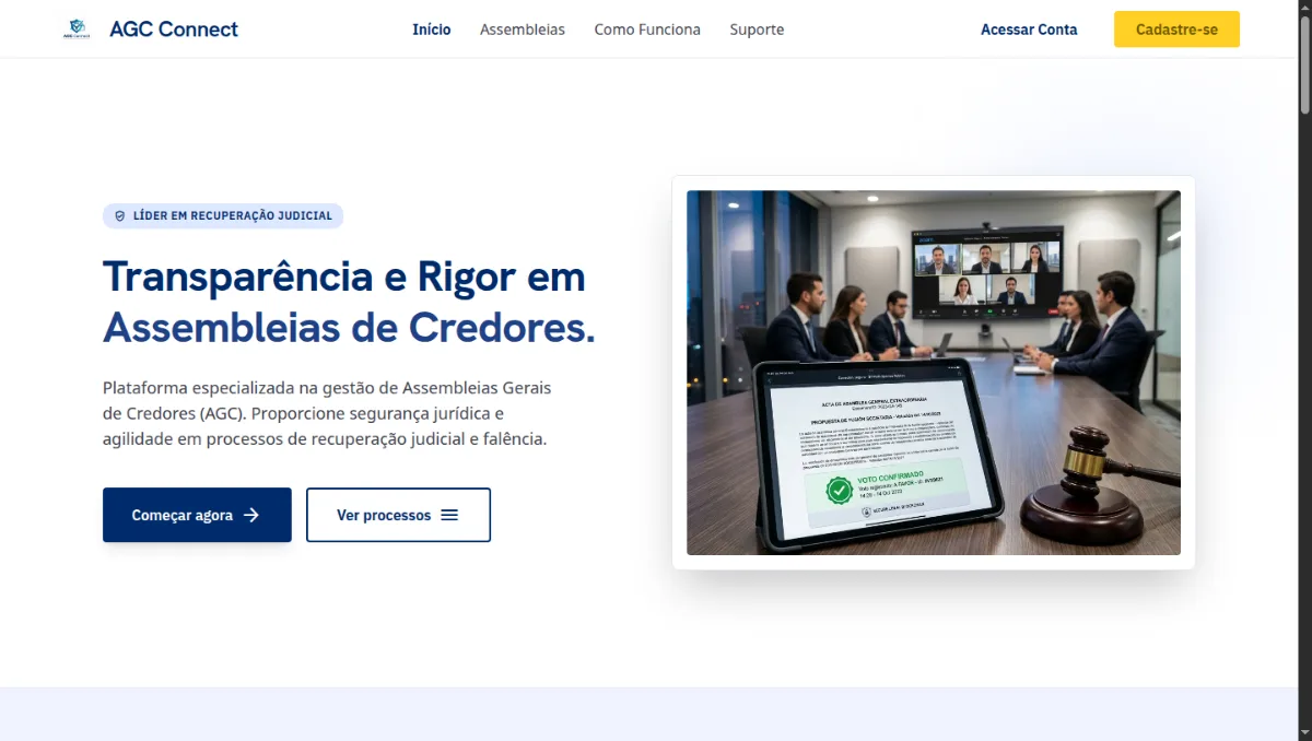 Página inicial da plataforma AGC Connect, com o título 'Transparência e Rigor em Assembleias de Credores'